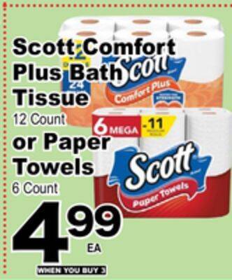 Superior Grocers Scott comfort plus bath tissue 12 count or paper towels 6 count offer