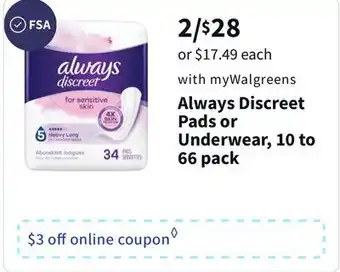 Walgreens Always discreet pads or underwear, 10 to 66 pack offer