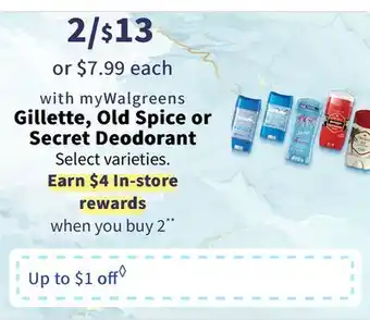 Walgreens Gillette, old spice or secret deodorant offer