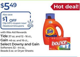Rite Aid Tide, gain select downy and gain offer