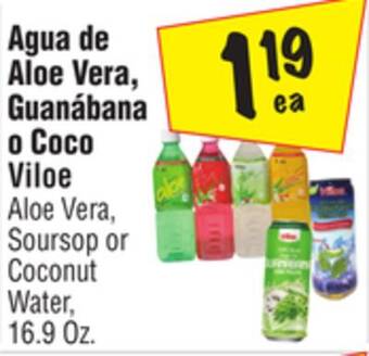 El Super Agua de aloe vera, guanábana o coco viloe aloe vera, soursop or coconut water offer