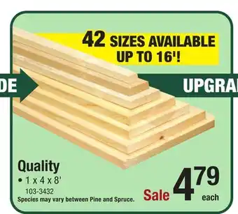 Menards 1 x 4 x 8' quality pine board offer