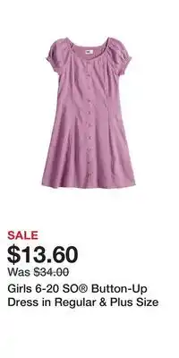 Kohl's Girls 6-20 so button-up dress in regular & plus size offer