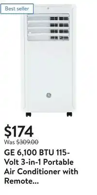 Walmart Ge 6,100 btu 115-volt 3-in-1 portable air conditioner with remote for small rooms, white, apfd06jaww offer