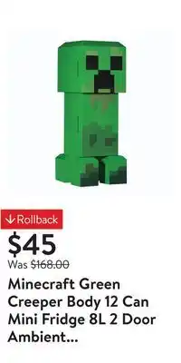 Walmart Minecraft green creeper body 12 can mini fridge 8l 2 door ambient lighting 25.2 h 9.5 w 9.1 d offer