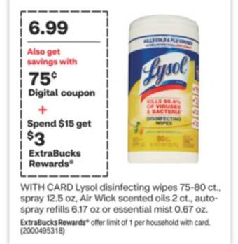 CVS Lysol disinfecting wipes 75-80 ct., spray 12.5 oz, air wick scented oils 2 ct., auto-spray refills 6.17 oz or essential mist offer