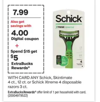 CVS Any schick, skintimate 4 ct., 12 ct. or schick xtreme 4 disposable razors 3 ct offer