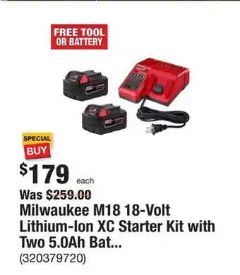 The Home Depot Milwaukee m18 18-volt lithium-ion xc starter kit with two 5.0ah batteries and charger offer
