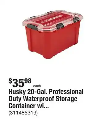 The Home Depot Husky 20-gal. professional duty waterproof storage container with hinged lid in red offer