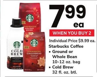 ACME Starbucks coffee ground or whole bean 10-12 oz. bag cold brew 32 fl. oz. btl offer