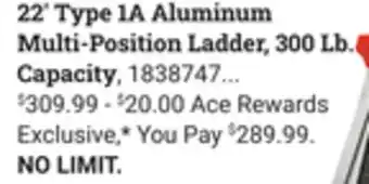 Ace Hardware 22' type 1a aluminum multi-position ladder offer