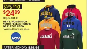 Dunham's Sports Ncaa men's, women's or youth fleece hoodie or fleece crew offer