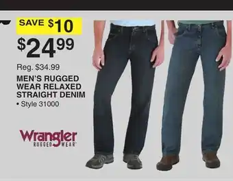 Dunham's Sports Wrangler men's rugged wear relaxed straight denim offer