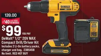 Ace Hardware Dewalt 1/2 20v max compact drill/driver kit offer