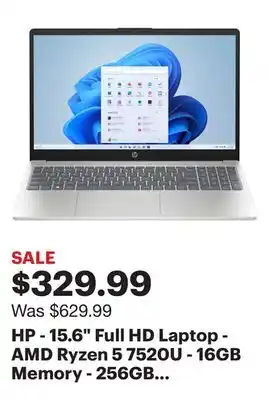 Best Buy Hp - 15.6 full hd laptop - amd ryzen 5 7520u - 16gb memory - 256gb ssd - natural silver offer