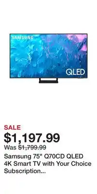 BJ’s Samsung 75 q70cd qled 4k smart tv with your choice subscription and 5-year coverage offer