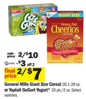 Meijer General mills giant size cereal 26.1-29 oz. or yoplait gogurt yogurt* 20 pk./2 oz offer