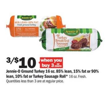 Meijer Jennie-o ground turkey 16 oz. 85% lean, 15% fat or 90% lean, 10% fat or turkey sausage roll offer