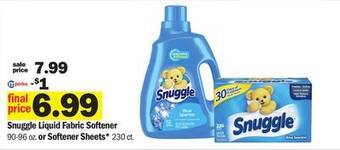 Meijer Snuggle liquid fabric softener 90-96 oz. or softener sheets* 230 ct offer