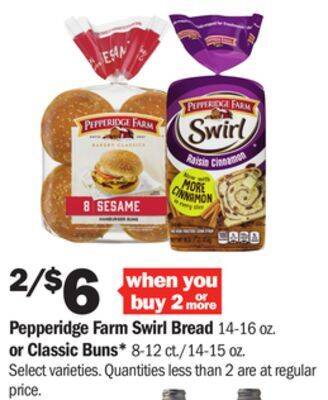 Meijer Pepperidge farm swirl bread 14-16 oz. or classic buns* 8-12 ct./14-15 oz offer