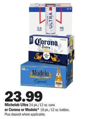 Meijer Michelob ultra 24 pk./12 oz. cans or corona or modelo* 18 pk./12 oz. bottles offer