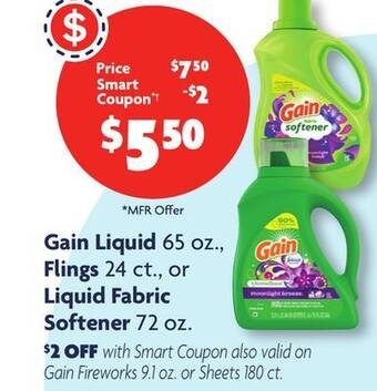 Family Dollar Gain liquid 65 oz., flings 24 ct., or liquid fabric softener 72 oz offer