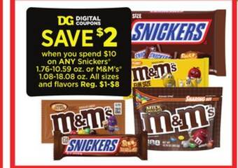 Dollar General Snickers 1.76-10.59 oz. or m&m's 1.08-18.08 oz offer