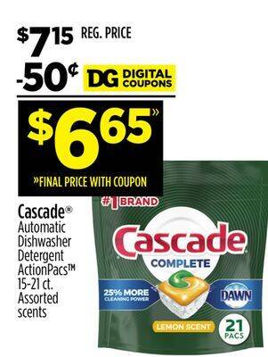Dollar General Cascade automatic dishwasher detergent actionpacs offer