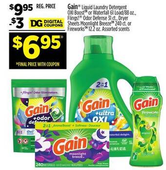 Dollar General Gain liquid laundry detergent oxi boost or waterfall load offer