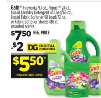 Dollar General Gain fireworks 9.1 oz., flings! 24 ct., liquid laundry detergent 45 load/65 oz., liquid fabric softener 98 load/72 oz. or fab offer