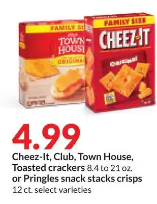 Hy-Vee Cheez-it, club, town house, toasted crackers 8.4 to 21 oz. or pringles snack stacks crisps 12 ct offer