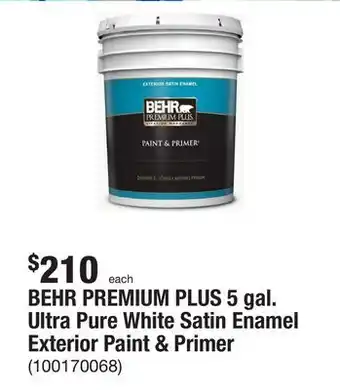 The Home Depot Behr premium plus 5 gal. ultra pure white satin enamel exterior paint & primer offer
