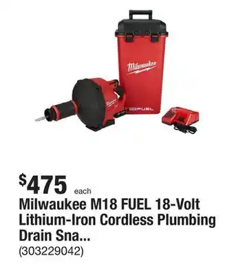 The Home Depot Milwaukee m18 fuel 18-volt lithium-iron cordless plumbing drain snake auger kit with w/ cable drive & 5/16 in. x 35 ft. cable offer
