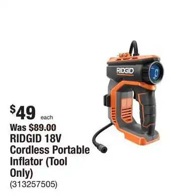 The Home Depot Ridgid 18v cordless portable inflator (tool only) offer