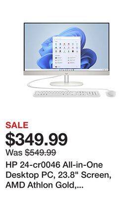 Office Depot Hp 24-cr0046 all-in-one desktop pc, 23.8 screen, amd athlon gold, 4gb memory, 256gb solid state drive, windows 11 home offer