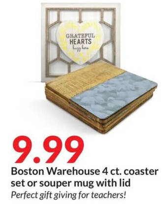 Hy-Vee Boston Warehouse 4 ct. coaster set or souper mug with lid offer