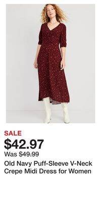 Old Navy Old navy puff-sleeve v-neck crepe midi dress for women offer