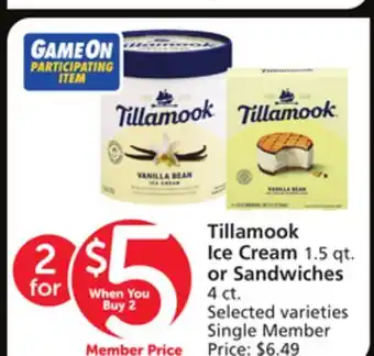 Albertsons Tillamook ice cream 1.5 qt. or sandwiches 4 ct offer