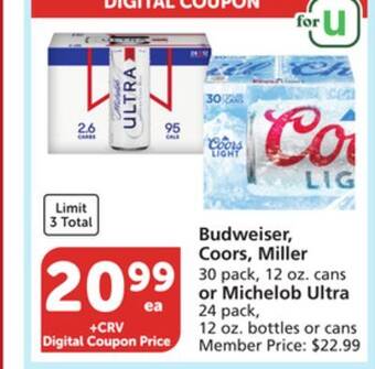 Albertsons Budweiser, coors, miller 30 pack, 12 oz. cans or michelob ultra 24 pack, 12 oz. bottles or cans offer