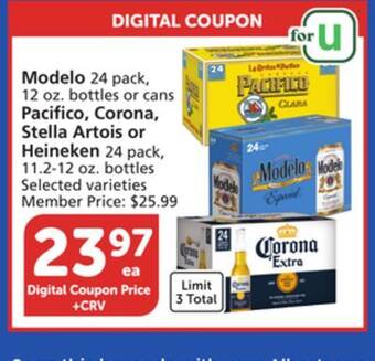 Albertsons Modelo 24 pack, 12 oz. bottles or cans pacifico, corona, stella artois or heineken 24 pack, 11.2-12 oz. bottles offer