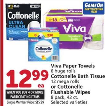 Albertsons Viva paper towels 6 huge rolls cottonelle bath tissue 12 mega rolls or cottonelle flushable wipes 8 pack, 42 ct offer