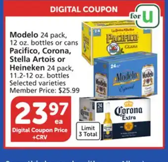 Vons Modelo 24 pack, 12 oz. bottles or cans pacifico, corona, stella artois or heineken 24 pack, 11.2-12 oz. bottles offer