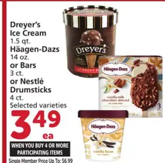 Vons Dreyer's ice cream 1.5 qt. häagen-dazs 14 oz. or bars 3 ct. or nestlé drumsticks 4 ct offer