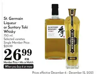 Pavilions St. germain liqueur or suntory toki whisky offer