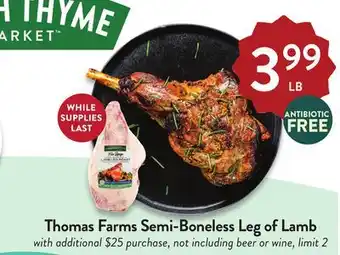 Fresh Thyme Thomas farms semi-boneless leg of lamb offer