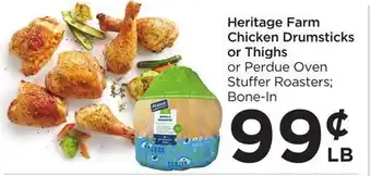 Food 4 Less Heritage farm chicken drumsticks or thighs offer