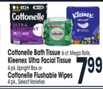 Jewel-Osco Cottonelle bath tissue 6 ct. mega rolls, kleenex ultra facial tissue 4 pk. upright box or cottonelle flushable wipes 4 pk offer
