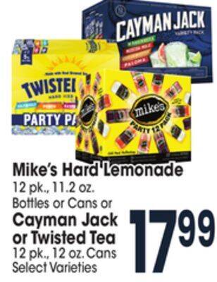 Jewel-Osco Mike's hard lemonade 12 pk., 11.2 oz. bottles or cans or cayman jack or twisted tea 12 pk., 12 oz. cans offer