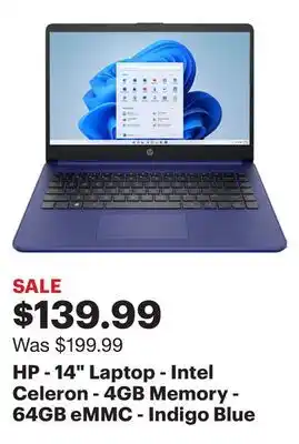 Best Buy Hp - 14 laptop - intel celeron - 4gb memory - 64gb emmc - indigo blue offer