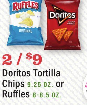Heinen's Doritos tortilla chips 9.25 oz. or ruffles 8-8.5 oz offer